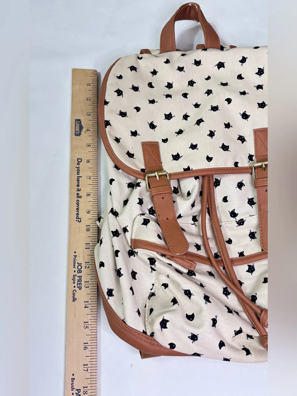 Canvas Cat Print Drawstring Backpack with Brown Faux Leather Trim